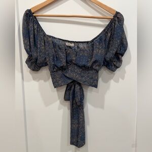 Alter’d State-Navy Paisley Off-Shoulder Tie-Back  Crop Top